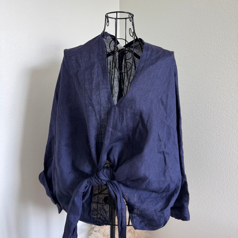 Good Company Linen Beach Day Navy Blue Tie Front Dolman Sleeve Top NWT OS